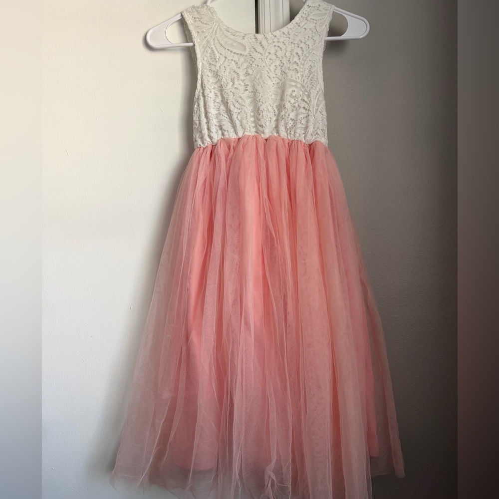 Girls White Lace & Pink Tulle Party Dress